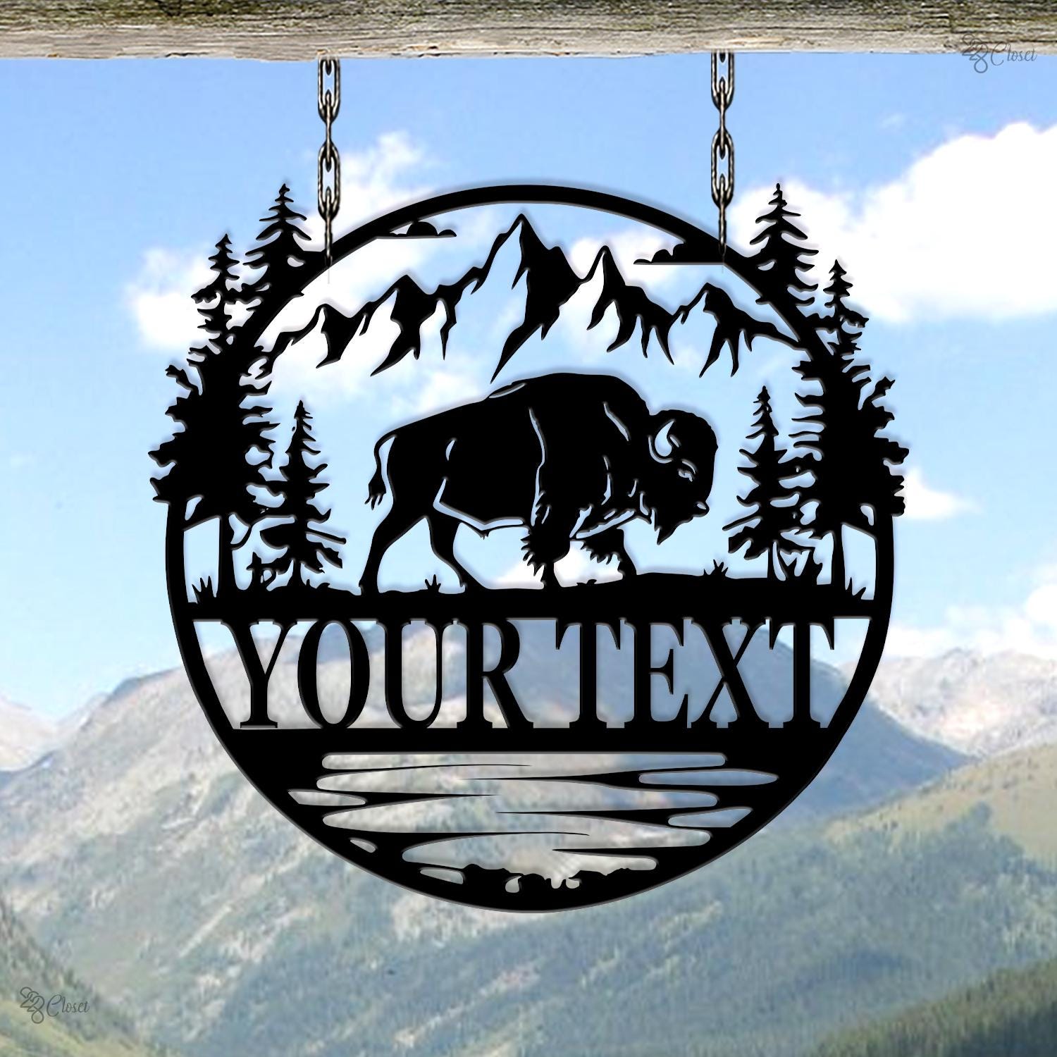 Custom Bison Metal Sign, Mountain Scene Wall Art, Cabin Decor, Western Cabin Gift, Mountain Forest Metal, Gift for dad, Hunting cabin sign