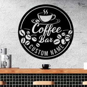 Personalisiertes Kaffeebar-Schild, benutzerdefiniertes Kaffeebar-Metall, Kaffee-Liebhaber-Geschenk, rustikale Kaffeebar-Wand, benutzerdefiniertes Cafe-Schild, Küche-Kaffeestube-Dekor