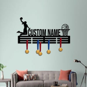 Custom Basketball Medal Hanger, Basketball Medal Holder Basketball Name Sign, Basketball Player Gift, Game Room Decor, Housewarming Gift