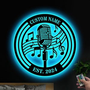 Personalized Music Audio Studio Metal Wall Art LED Lights, Karaoke Bar Signs, Recording Studio Gift Singer Gift  Microphone Sign Music Room