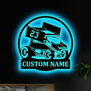 Custom Sprint Car Metal Wall Art LED Lights, Personalized Sprint Car Metal Signs, Garage Metal Wall Decor, Sprint Car Wall Hanging Xmas Gift