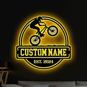Custom BMX Bike Metal Wall Art LED Light Personalized Road Bicycle Name Sign Home Decor Biker Name Sign Biker Gift Birthday Xmas Gift