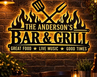Custom Family Bar and Grill Metal Sign with LED Lights, Personalized Backyard BBQ Decor, Rustic Patio Wall