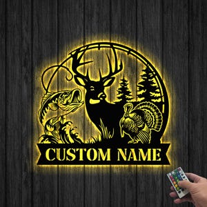Custom Deer Turkey Hunting Metal Sign Led Lights, Hunter Name Sign,Deer Turkey Bass Fishing Sign,Cabin Decor,Birthday Christmas Gift for Dad