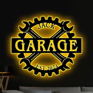 Custom Garage Metal Wall Art LED, Personalized Workshop Name Sign Home Decor Car Mechanic Repairman Decor Birthday Xmas Gift Garage Sign