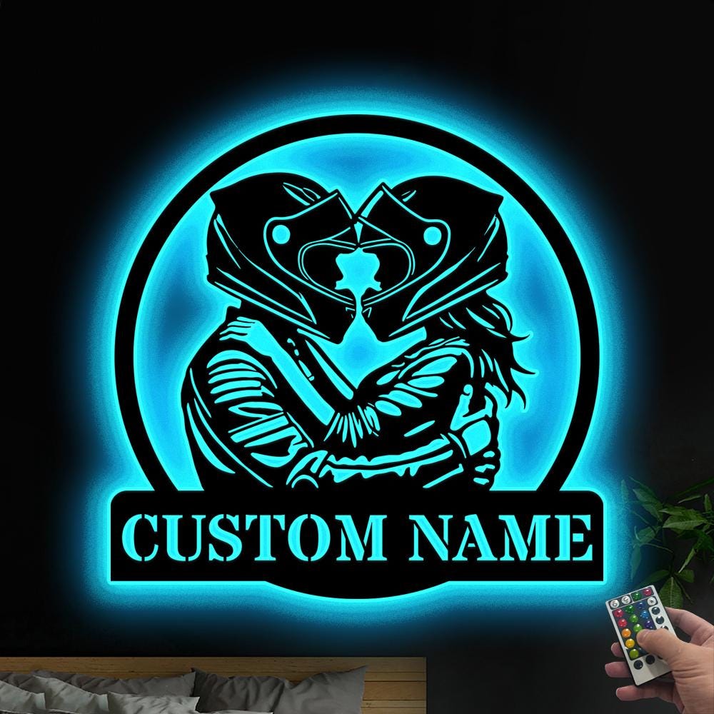 Custom Romantic Biker Couple Metal Wall Art With Led Lights