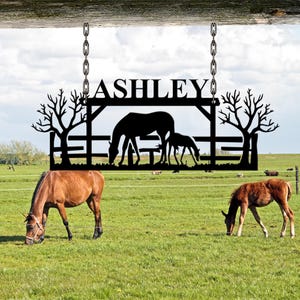Letrero de rancho de caballos, letrero de granja de metal, letrero de rancho, letrero de granja, letrero de granja personalizado, arte de pared de metal con caballos personalizado, regalo para ella, decoración del hogar