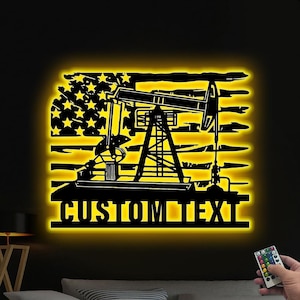 Personalized  Oil Field Name Sign Led Lights, Custom US Flag Oil Rig Metal Wall Art Decoration Hanging For Home, Oilfield Decor Xmas Gifts