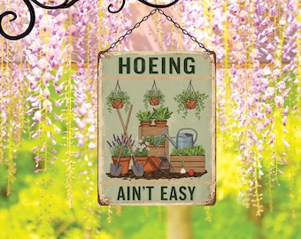 Vintage Outdoor Garden Sign - "HOEING AIN'T EASY" Metal Sign - Rustic Gardening Decor With Illustrations Of Tool And Plants, Home Decoration
