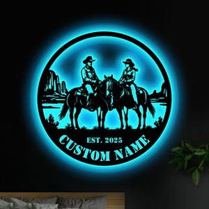 Personalized Western Metal Sign Led Lights Custom Cowboy and Cowgirl Wall Art Cowboy Ranch Metal Horse Riding Decor Cowboy Gift Couple Gift