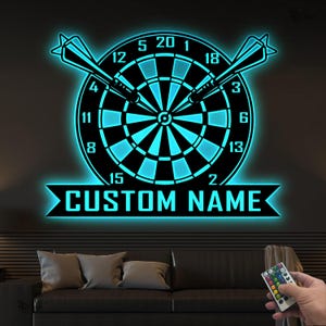 Custom Dartboard LED Sign, Dartboard Name Sign with LED, Gift for dad, Dartboard Sign Personalized, Game Room Decor, Dartboard Metal Sign