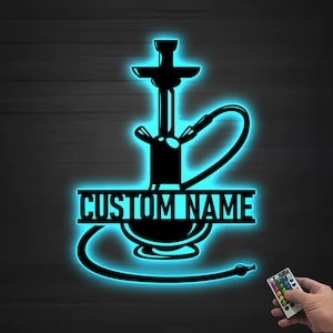 May include: A blue neon light shaped like a hookah with the text "CUSTOM NAME" underneath. The light is controlled by a remote control.