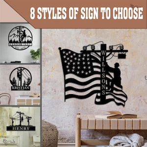 Custom Lineman Metal Wall, Gift for dad, Electrician Wall Decor, Personalized Power Lineman Metal, Rustic Lineman Flag Metal, Lineman decor