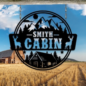 Letrero de metal personalizado con nombre de cabaña, letrero de pino, letrero de metal personalizado, regalo personalizado, letrero de ciervo, letrero de bosque, letrero de casa de montaña, letrero con nombre de familia, regalo para el hogar