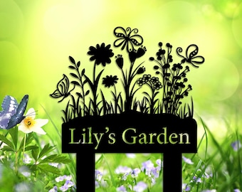 Letrero de jardín personalizado, letrero de metal personalizado con diseño floral, letrero con el nombre del jardinero, letrero de patio, regalo para ella, decoración de porche, decoración de jardín