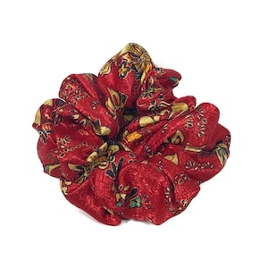 Red Chinese Scrunchie Red Poly Silk Chinese Hair Scrunchie Red Floral Scrunchie Chinese Hair Elastic Extra Full Chinese Silk Ponytail Tie