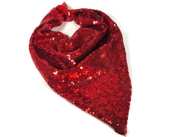 Red Scarf Sequin Bandana Red Scarves Red Scarf Bandana Christmas Scarves Red Sequin Scarves Sequin Accessories Lined Bandana Red Headscarf