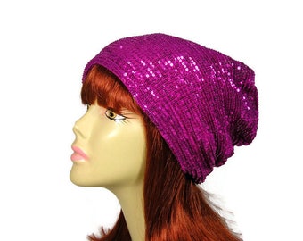 Glam Hat for Women Fuchsia Sequin Beanie Sequin Slouchy Hat for Hair Loss Glamorous Chemo Cap Pink Sequin Slouch Hat Sequined Slouchy Hat