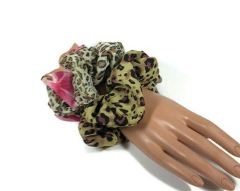 Leopard Print Scrunchie Set of 2 Leopard and Pink Floral Chiffon Scrunchie Brown and Black Leopard Print Scrunchie Hair Elastic Messy Bun