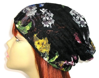 Black Lace Slouchy Hat Boho Black Floral Slouchy Beanie Boho Spring Beanie Summer Slouch Hat Black Lace Beanies Lightweight Slouchy Beanies