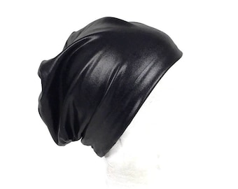 Vegan Leather Hat Goth Slouchy Beanie Black Goth Slouch Hat Chef's Faux Leather Unisex Slouch Hat Black Vegan Biker Skullcaps  for Men Lined