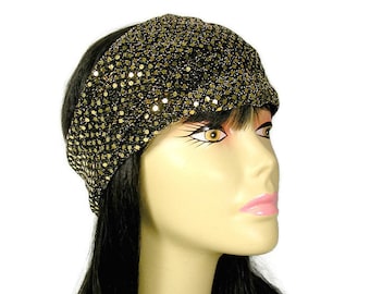 Custom SIZE Confetti Dot Black and Gold Sequin Head Wrap Gatsby Headband Flapper Headband Sequin Head Wrap Gold Head Wrap