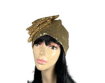 Turbante dorato Cappello con paillettes dorate Berretto largo con paillettes Cappello glamour con paillettes per la caduta dei capelli Berretto largo scintillante Cappello largo dorato Cappelli con glitter