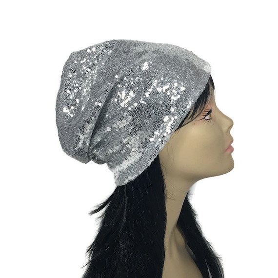 Sequin Slouchy Beanie Silver Sequin Slouch Hat Glam Hats for