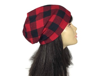 Red and Black Buffalo Check Hat Buffalo Plaid Cotton Flannel Slouchy Beanie Buffalo Check Hat Men Buffalo Check Hat Women CUSTOM SIZE/Lining