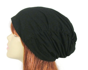 Extra Slouchy 100% Cotton Black Ruched  Beanie Hair Loss Beanies Chemo Caps Alopecia Chic All Black Cotton Beanie Custom Sizes Black Cotton