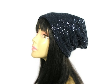 NAVY BLUE Sequin  Slouch Hat 100% Cotton Lined Slouchy Beanie Chic Hats for Hair Loss Chemotherapy Gifts Boho Sequin Slouchy Beanies