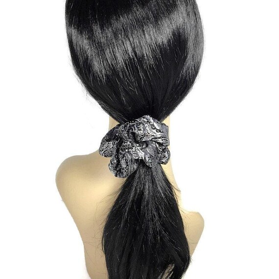 Fashion Black and Silver Patterned Scrunchie Silver and Black Brocade Scrunchie Metallic Silver Brocade  main image 4
