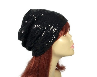 Black Sequin Hat CUSTOM SIZE/Lining Sequin Slouchy Beanie Black Tiny Sequined Hat Glam Sequin Hat for Hair Loss Sequin Chemo Cap Sparkle Hat