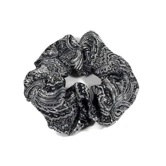 Silver and Black Brocade Scrunchie Metallic Silver Brocade 