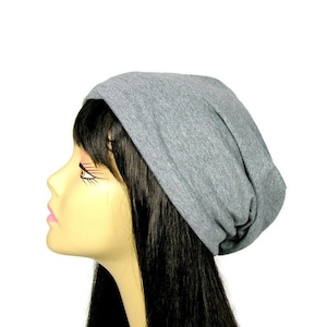 Gray 100% Cotton Jersey Knit Slouchy Beanie CUSTOM SIZE Cotton Chemo Cap Hair Loss Hats Headcovers Beanies Lightweight Unisex Gray Beanies