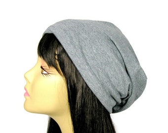 Gray 100% Cotton Jersey Knit Slouchy Beanie CUSTOM SIZE Cotton Chemo Cap Hair Loss Hats Headcovers Beanies Lightweight Unisex Gray Beanies