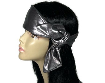 Faux Leather Hair Scarves Men Women Metallic Lycra Scarves Goth Head Scarf Metallic Headwrap Silver Scarf Gunmetal Gray Scarves Faux Leather