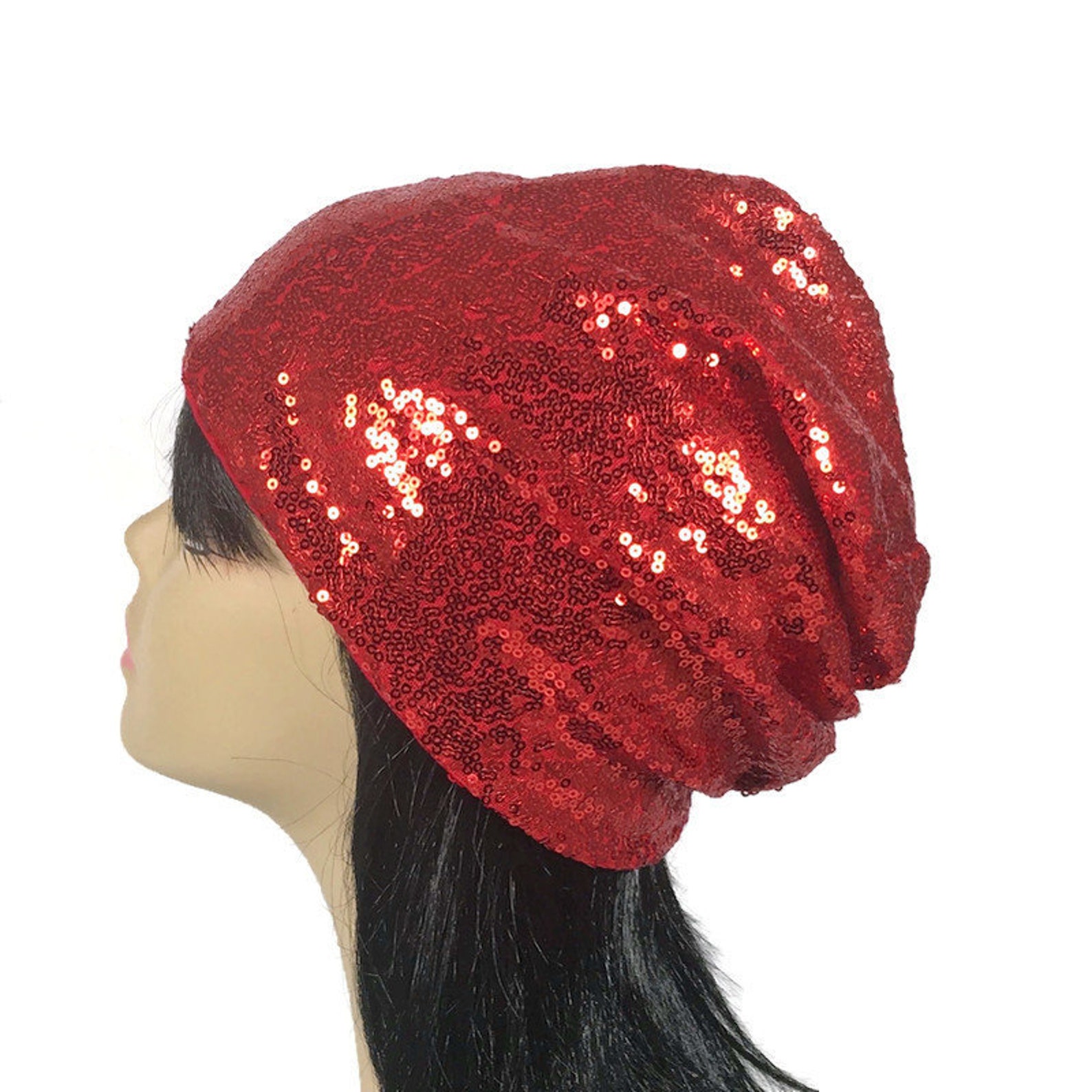 Red Sequin Hat Red Sequin Slouchy Beanie Sequin Slouch Hat Red Etsy