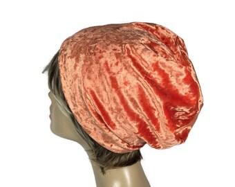 Cappello di velluto arancione, berretto largo in velluto stropicciato, cappello chemioterapico da donna per la perdita dei capelli, misura personalizzata, fodera personalizzata, cappello largo arancione, berretto di velluto