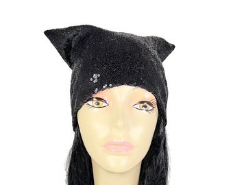 Black Sequin Hat Gothic Skullcap Black Slouchy Beanie Sequin Slouchy Black Sequin Toque Goth Slouchy Beanie Goth Hat Trendy Sequin Hat
