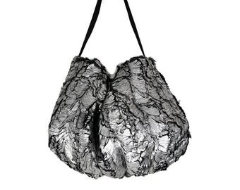 Faux Fur Handbag Black and Silver Gathered Bottom Faux Fur Shoulder Bag Crossbody Bag Handbag Silver Shoulder Bag Large Faux Fur Purse Glam