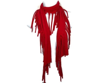 Red Fringe Skirt Custom Lengths Long Red Fringe Scarves Knotted Fringe Scarves Grunge Red Scarves Red Jersey Scarf Long Fringe Scarf Goth