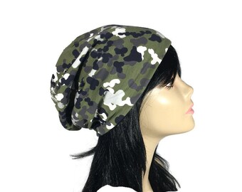 Camo Slouchy Beanie Jersey Knit Camouflage Slouchy Beanie Camo Beanie Army Green Gray Black White Slouch Hat Lightweight Camo Beanie Unisex