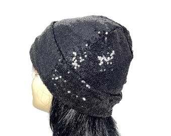 Sequin Hats Black Watch Cap Women's Sequin Cuffed Hat Black Sequin Hat Black Watch Cap Sequin Slouchy Hats for Women