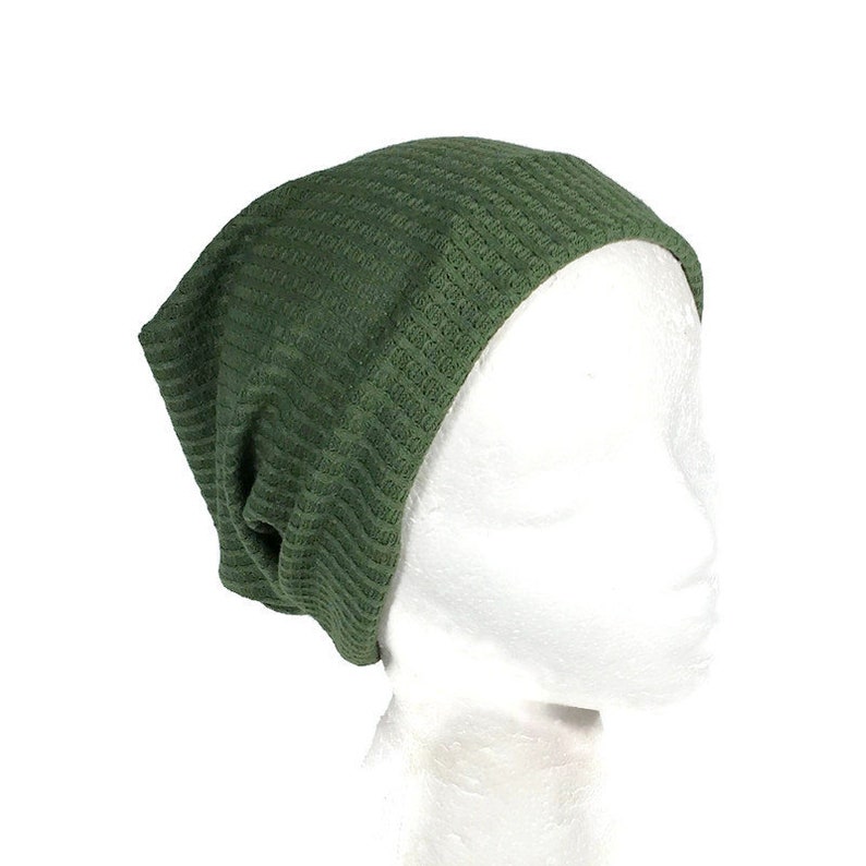 Army Green Waffle Knit Slouchy Beanie Olive Green Thermal Knit Hat Unisex Slouch Hat Super Soft Hat Unisex Green Beanie Reversible CUSTOM Sz image 2