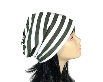 Green and White Cotton Jersey Knit Beanie Army Green Striped Slouchy Beanie Stripe Hat Unisex Slouchy Hat Lightweight Beanie CUSTOM Sizes