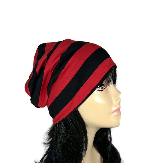 Red and Black Striped Jersey Knit Beanie Lightweight Slouchy  display picture 2
