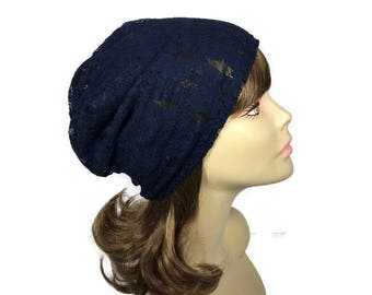 Navy Blue Lace Hat CUSTOM SIZE Lace Hat Blue Lace Slouchy Hat Navy Blue Lace Turban Slouchy Beanie Woman's Blue Hat  for Hair Loss Cap