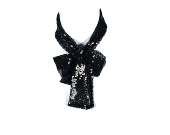 Cravatta nera con paillettes, papillon nero con paillettes, donna, fermaglio per capelli con paillettes, sciarpe con paillettes, cravatta nera formale da sposa, cravatta nera da donna, papillon glamour, paillettes glamour