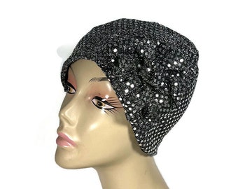Silver Sequin Faux Dot Hat Sequin Cloche Sequin Beanie Glam Hat for Hair Loss Silver Helmut Silver Skull Cap Sequin Skullcap Glam Hat Flower